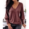 CHICME Women’s Long Sleeve Dressy Casual Lace Trim V-Neck Basic Tops(Wine Red)