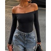 CHICME Women’s Off Shoulder Double Lined Bodysuit with Built-in Bra(Black)