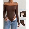 CHICME Women’s Off Shoulder Double Lined Bodysuit with Built-in Bra(Coffee)