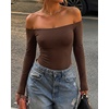 CHICME Women’s Off Shoulder Double Lined Bodysuit with Built-in Bra(Coffee)