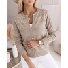 CHICME Womens Pearl Beaded Knit Cardigan Long Sleeve Cropped Sweater(Khaki)
