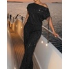 CHICME Women’s Rhinestone 2 Piece Set Cold Shoulder Top Wide Leg Pants(A-black)