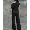 CHICME Women’s Rhinestone 2 Piece Set Cold Shoulder Top Wide Leg Pants(A-black)