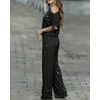 CHICME Women’s Rhinestone 2 Piece Set Cold Shoulder Top Wide Leg Pants(A-black)