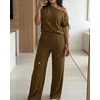 CHICME Women’s Rhinestone 2 Piece Set Cold Shoulder Top Wide Leg Pants(Dark Brown)