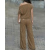 CHICME Women’s Rhinestone 2 Piece Set Cold Shoulder Top Wide Leg Pants(Dark Brown)