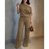 CHICME Women’s Rhinestone 2 Piece Set Cold Shoulder Top Wide Leg Pants(Dark Brown)