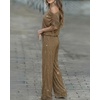 CHICME Women’s Rhinestone 2 Piece Set Cold Shoulder Top Wide Leg Pants(Dark Brown)