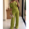 CHICME Women’s Rhinestone 2 Piece Set Cold Shoulder Top Wide Leg Pants(Green)