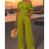 CHICME Women’s Rhinestone 2 Piece Set Cold Shoulder Top Wide Leg Pants(Green)
