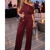 CHICME Women’s Rhinestone 2 Piece Set Cold Shoulder Top Wide Leg Pants(Wine Red)