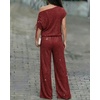 CHICME Women’s Rhinestone 2 Piece Set Cold Shoulder Top Wide Leg Pants(Wine Red)