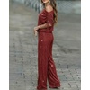 CHICME Women’s Rhinestone 2 Piece Set Cold Shoulder Top Wide Leg Pants(Wine Red)