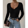 CHICME Women’s Ribbed Knit Long Sleeve Henley Tops Basic Tees(Black)