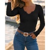 CHICME Women’s Ribbed Knit Long Sleeve Henley Tops Basic Tees(Black)