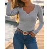 CHICME Women’s Ribbed Knit Long Sleeve Henley Tops Basic Tees(Gray)