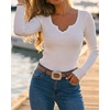 CHICME Women’s Ribbed Knit Long Sleeve Henley Tops Basic Tees(White)