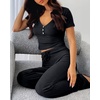 CHICME Women’s Ribbed Knit Lounge Set Henley Top and Pants(Black)