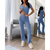 CHICME Women’s Ribbed Knit Lounge Set Henley Top and Pants(Blue)