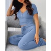 CHICME Women’s Ribbed Knit Lounge Set Henley Top and Pants(Blue)