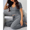 CHICME Women’s Ribbed Knit Lounge Set Henley Top and Pants(Dark Grey)