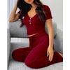 CHICME Women’s Ribbed Knit Lounge Set Henley Top and Pants(Dark Red)