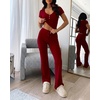 CHICME Women’s Ribbed Knit Lounge Set Henley Top and Pants(Dark Red)
