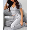 CHICME Women’s Ribbed Knit Lounge Set Henley Top and Pants(Light Gray)
