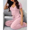 CHICME Women’s Ribbed Knit Lounge Set Henley Top and Pants(Light Pink)