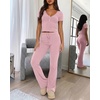 CHICME Women’s Ribbed Knit Lounge Set Henley Top and Pants(Light Pink)