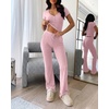 CHICME Women’s Ribbed Knit Lounge Set Henley Top and Pants(Light Pink)
