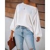 CHICME Women’s Satin Off Shoulder Top Skew Neck Lantern Sleeve Blouse(Beige)