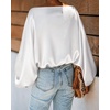 CHICME Women’s Satin Off Shoulder Top Skew Neck Lantern Sleeve Blouse(Beige)