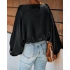 CHICME Women’s Satin Off Shoulder Top Skew Neck Lantern Sleeve Blouse(Black)