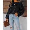 CHICME Women’s Satin Off Shoulder Top Skew Neck Lantern Sleeve Blouse(Black)