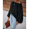 CHICME Women’s Satin Off Shoulder Top Skew Neck Lantern Sleeve Blouse(Black)