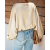 CHICME Women’s Satin Off Shoulder Top Skew Neck Lantern Sleeve Blouse(Champagne)