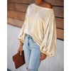 CHICME Women’s Satin Off Shoulder Top Skew Neck Lantern Sleeve Blouse(Champagne)