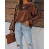 CHICME Women’s Satin Off Shoulder Top Skew Neck Lantern Sleeve Blouse(Coffee)