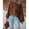 CHICME Women’s Satin Off Shoulder Top Skew Neck Lantern Sleeve Blouse(Coffee)