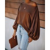 CHICME Women’s Satin Off Shoulder Top Skew Neck Lantern Sleeve Blouse(Coffee)