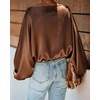 CHICME Women’s Satin Off Shoulder Top Skew Neck Lantern Sleeve Blouse(Coffee)