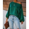 CHICME Women’s Satin Off Shoulder Top Skew Neck Lantern Sleeve Blouse(Emerald)