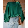 CHICME Women’s Satin Off Shoulder Top Skew Neck Lantern Sleeve Blouse(Emerald)