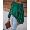 CHICME Women’s Satin Off Shoulder Top Skew Neck Lantern Sleeve Blouse(Emerald)