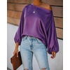 CHICME Women’s Satin Off Shoulder Top Skew Neck Lantern Sleeve Blouse(Purple)