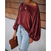 CHICME Women’s Satin Off Shoulder Top Skew Neck Lantern Sleeve Blouse(Wine Red)