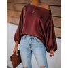 CHICME Women’s Satin Off Shoulder Top Skew Neck Lantern Sleeve Blouse(Wine Red)