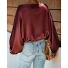 CHICME Women’s Satin Off Shoulder Top Skew Neck Lantern Sleeve Blouse(Wine Red)