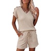 CHICME 2 Piece Short Sets for Women Ribbed Knit Lounge Outfits(Apricot)